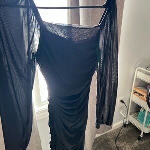 Amazon Black Ruched Mesh Sleeve Mini Dress